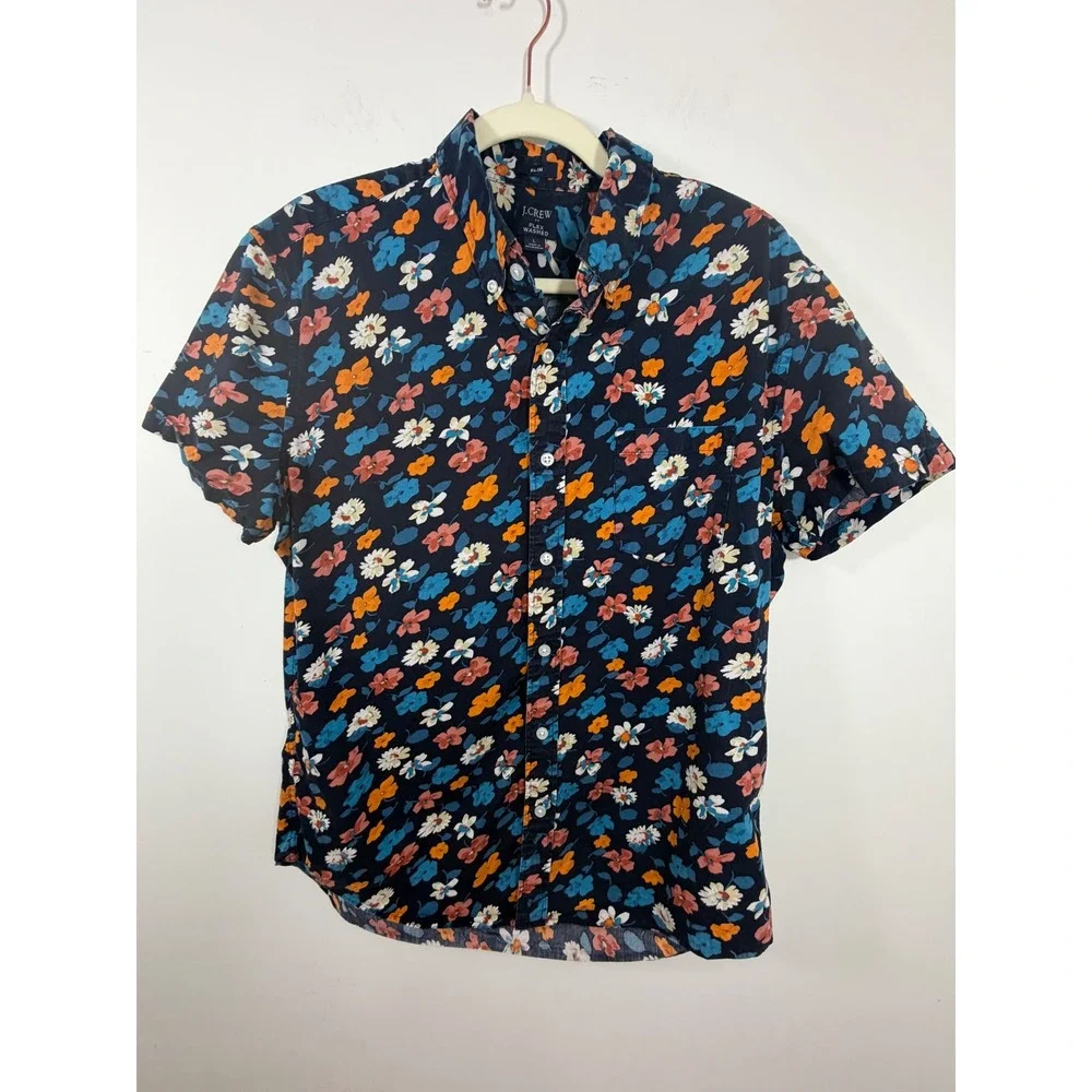 J.Crew Slim Flex Washed Floral Button Down Shirt Blue Mens Large Short Sleeve